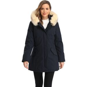 Women's Winter Duck Down Parka Ladies Padded Long Jacket Fur Hood XL NAVY